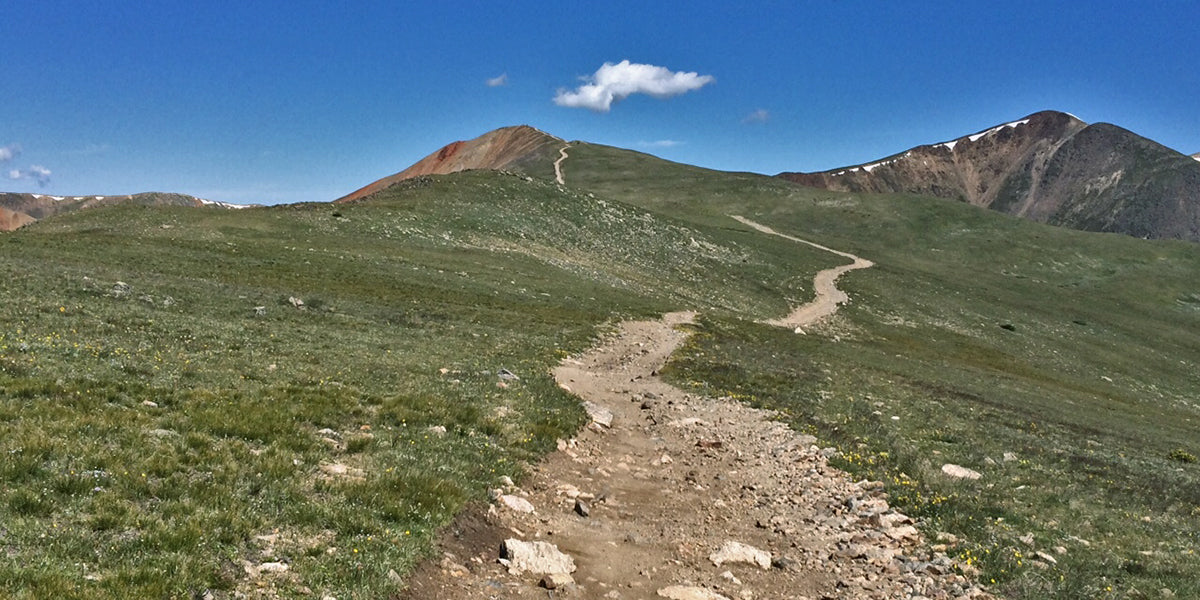 trail, mountains, blue sky