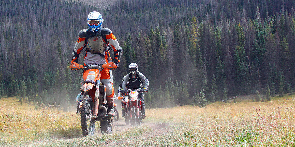 3 motorcycles on trail, forest in background